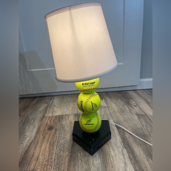 Handmade Softball Lamp Real Softballs Wooden Base White Shade Tested Works - Picture 1 of 5